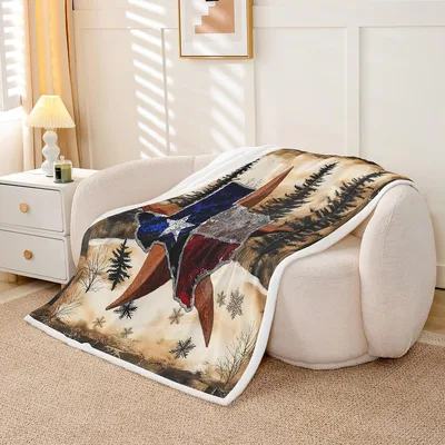 Eagle and Texas Star Blanket: Rustic Western Design with Pine Trees