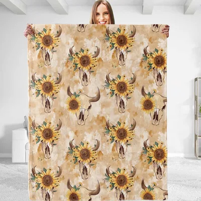 Cow Skulls and Sunflowers Blanket: Western Art Design
