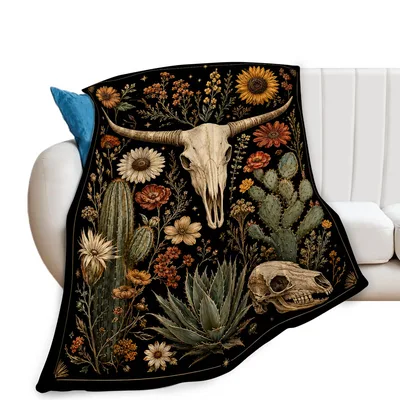 Cow Skull Cactus Floral Blanket