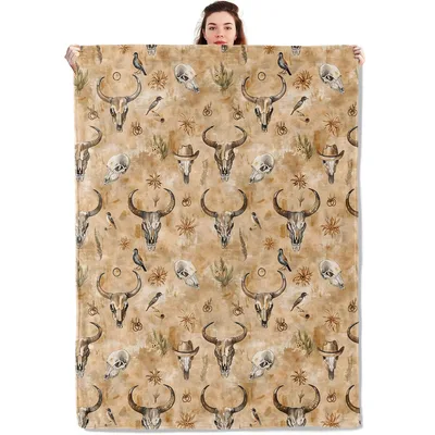 Cow Skull Vintage Pattern Blanket: Western Art with Horns and Hats
