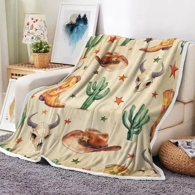 Western Cactus Cowboy Hat Blanket: Wild West Pattern for Rustic Vibes