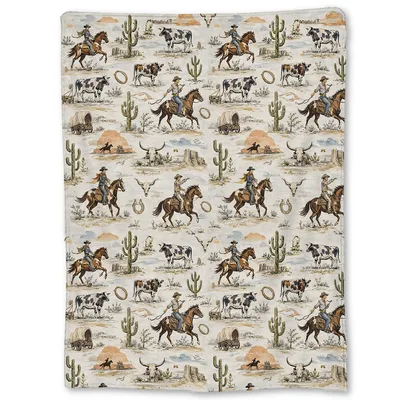 Western Cowboy Horses Pattern Blanket: Vintage Ranch Life Print