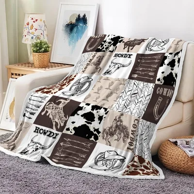 Western Cow Hide Plaid Blanket: Wild Bull Rodeo Patchwork Design