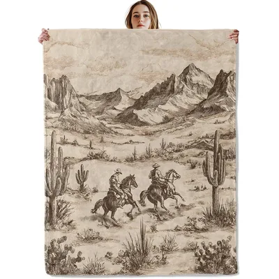 Vintage Western Desert Horses Blanket featuring an engraved landscape