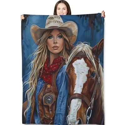 Cowgirl with Horse Portrait Blanket: Western Art for Equestrian Lovers