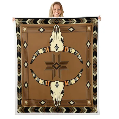 Bull Skull Tribal Western Blanket featuring symmetrical skull art